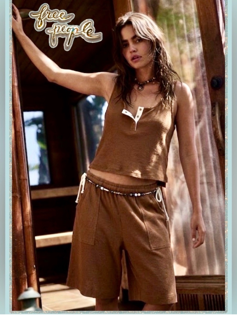 Free People Beach Brown Cotton Blend Tank & Shorts Set